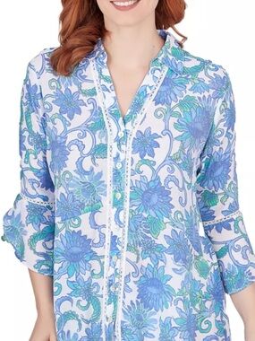 Ruby Rd Bali Print Tunic Blouse Top 3X Bell 3/4 Sleeve Button
Blue Embroidered